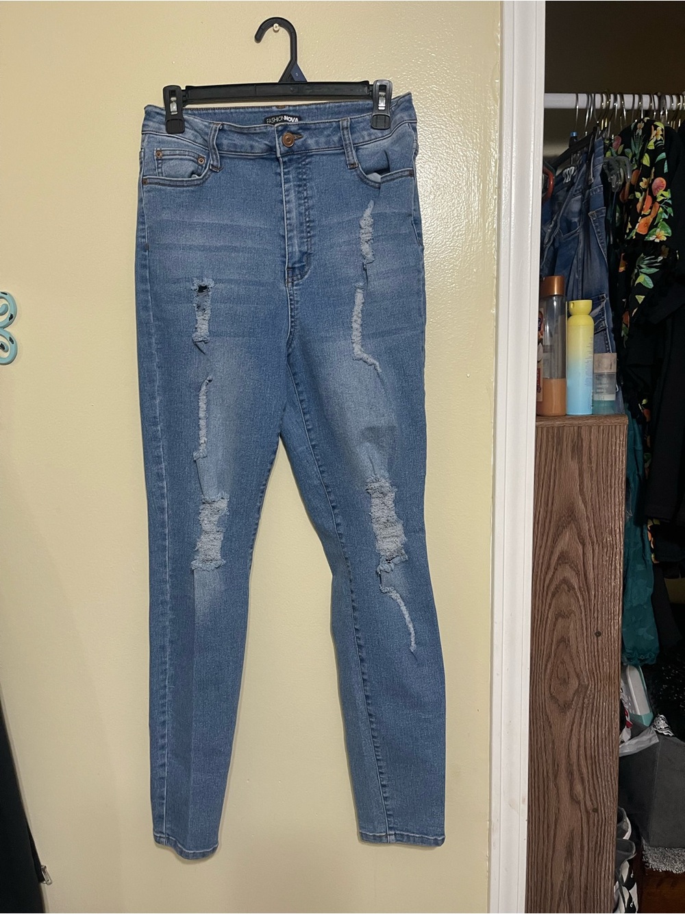 Fashion Nova Light Blue High-Rise Distressed Skinny Jeans